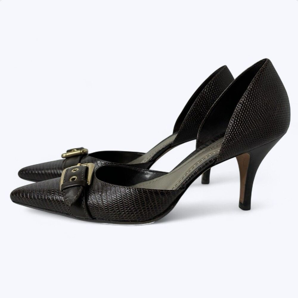 Ann Taylor D'Orsay Pumps 6M Brown Snakeskin Pattern Buckle Pointed Toe 3" Heel